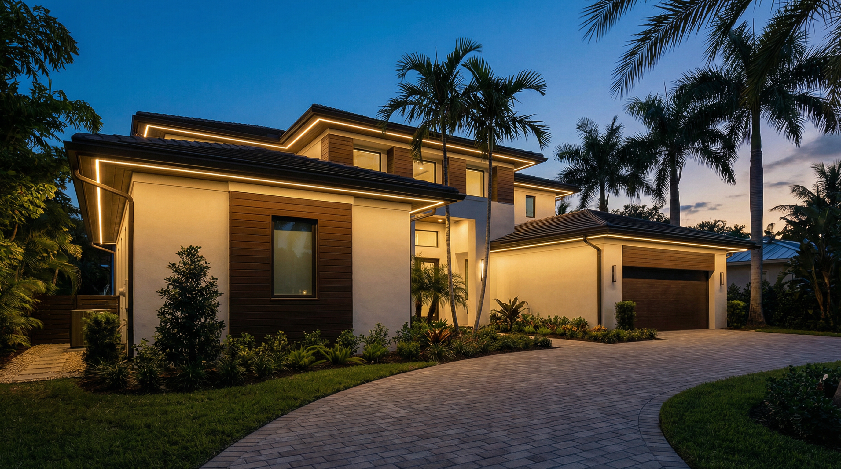Professional home with permanent LED trim lights installed along roofline