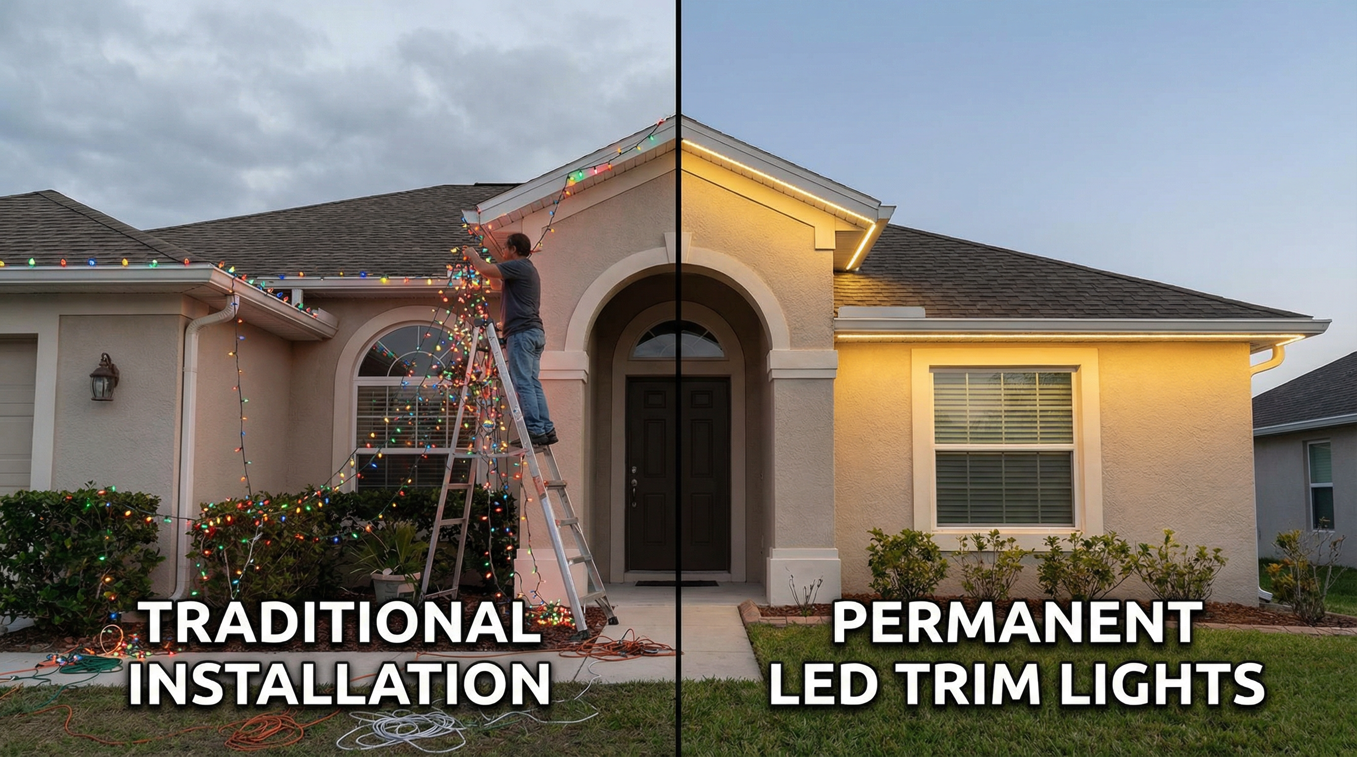 Comparison of traditional Christmas lights installation versus permanent LED trim lights