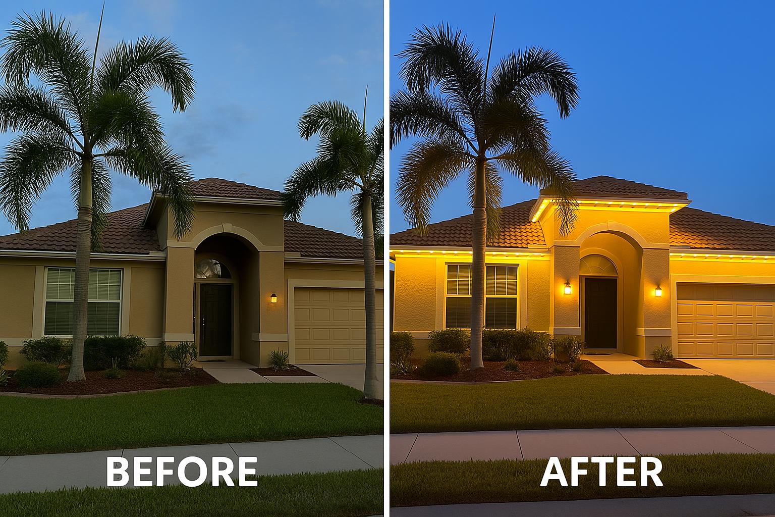 Before and after comparison of Florida home with LED trim lights