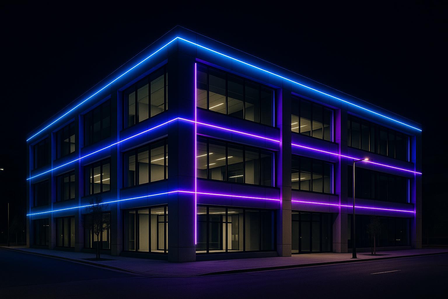 Modern commercial building with colorful blue and purple LED trim lighting